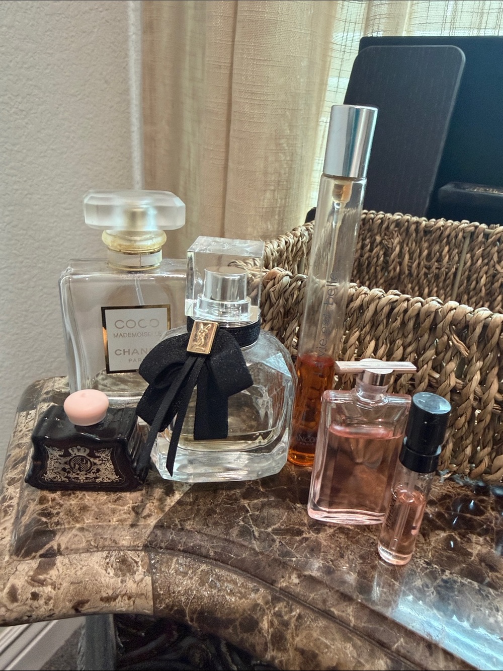 CHANEL Clear Glass Coco Mademoiselle Bottle with Gold Accents and miscellaneous